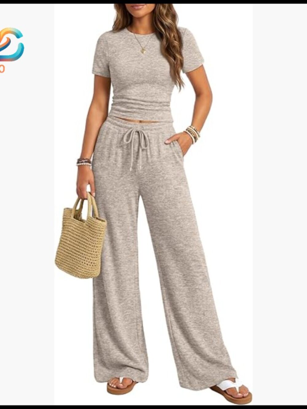 Matching Lounge Set Wide Leg Pants Crew Neck Tee Lightweight Sweatsuit